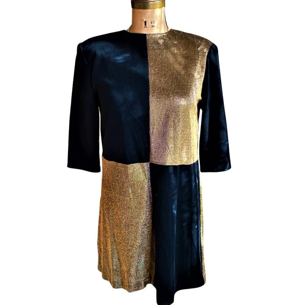 Vintage 80s boxy shift tunic color block gold metallic & black dress
